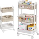 Baby Diaper Caddy Organizer Cart – 3 Tier Rolling Storage Cart with Wheels, Baby Essentials Nursery Storage, Detachable Dividers – for Crib, Bedroom, Art & Craft Organizer (Off White)