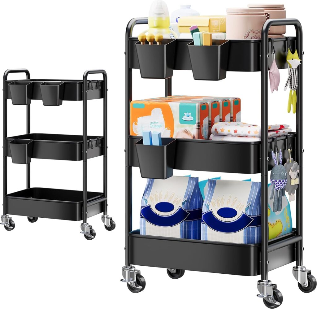 3 Tier Rolling Cart Metal with Wheels, Black Three Tiered Utility Craft Cart Organizer on Wheels, Roller Storage Carts for Baby, Diaper Caddy, Art, Snack, Nail, Lash, Cleaning, Dorm, Bathroom, Laundry