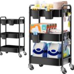 3 Tier Rolling Cart Metal with Wheels, Black Three Tiered Utility Craft Cart Organizer on Wheels, Roller Storage Carts for Baby, Diaper Caddy, Art, Snack, Nail, Lash, Cleaning, Dorm, Bathroom, Laundry