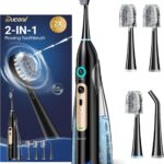 Electric Toothbrush with Water Flosser Combo, Professional Oral Care with 3 Brush Modes & 5 Water Pressure, Rechargeable Flossing Toothbrush for Adults Teeth Cleaning, Cordless for Home&Travel, Black