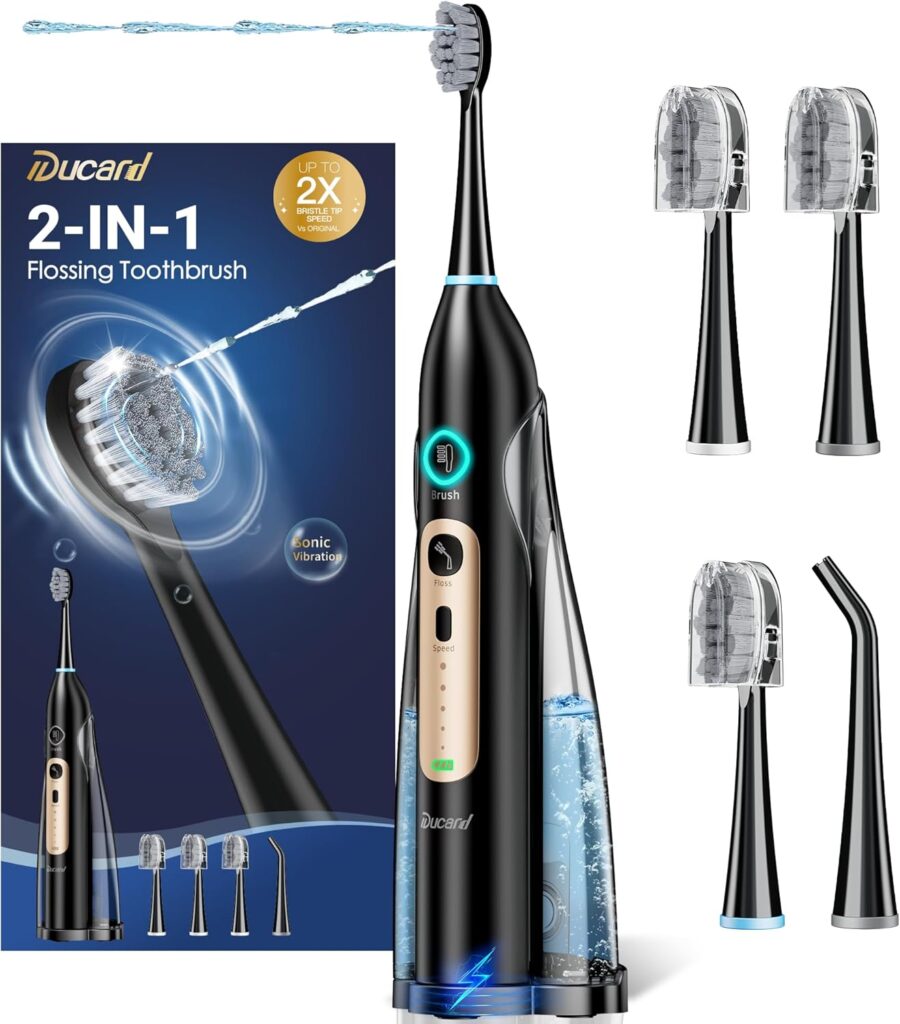 Electric Toothbrush with Water Flosser Combo, Professional Oral Care with 3 Brush Modes & 5 Water Pressure, Rechargeable Flossing Toothbrush for Adults Teeth Cleaning, Cordless for Home&Travel, Black