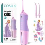 COSLUS Kids Water Dental Flosser Deep Cleaning Picks Portable 4 Modes for Ages 6+ Safe Waterproof Rechargeable with 2 Jet Tips for Gums Care Pink Purple