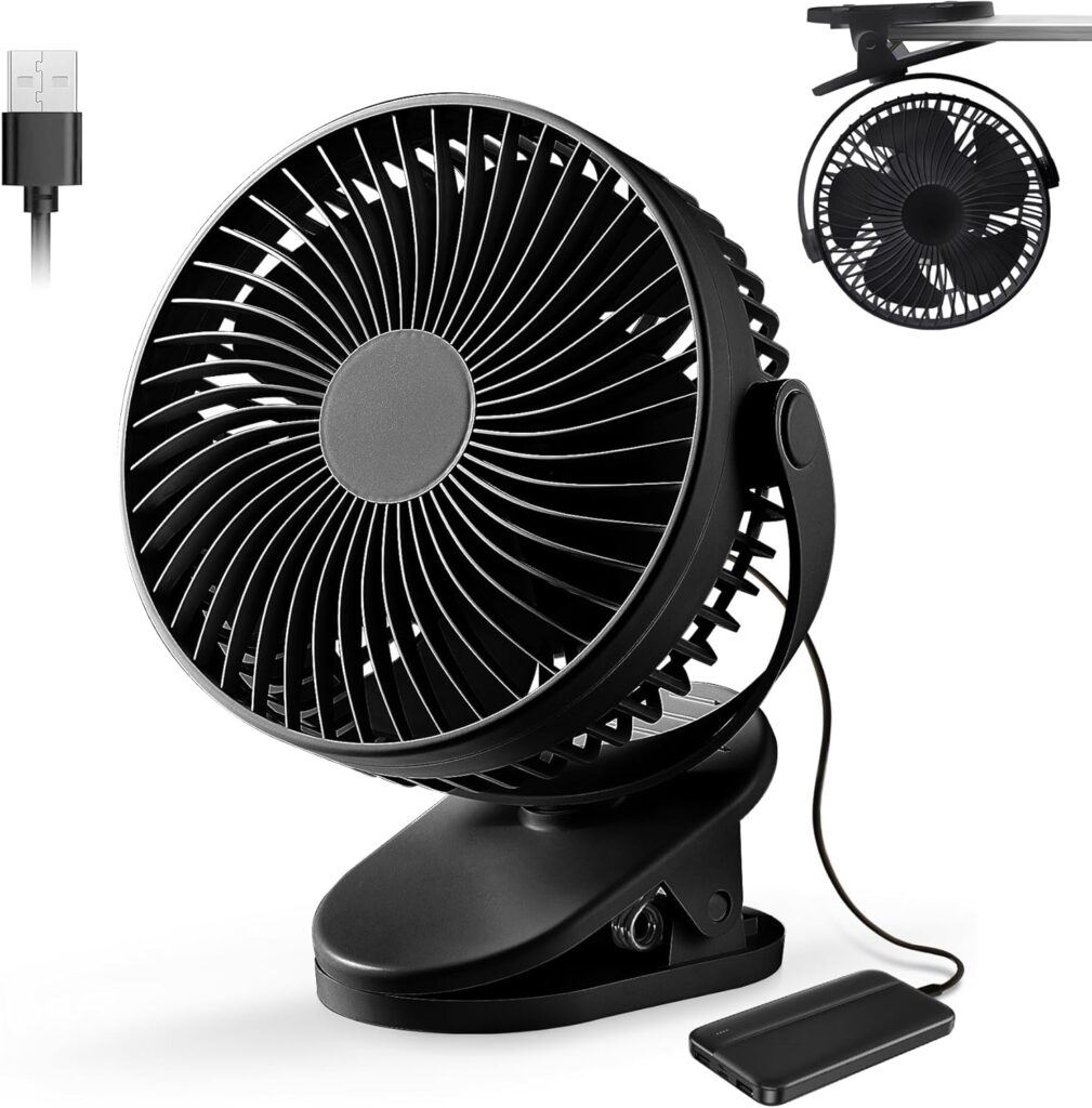 Clip on Fan Rechargeable, 8-Inch Battery Operated Desk Fan, USB Fan,5 Speeds, Strong Airflow, Sturdy Clamp for Golf Cart Office Desk Outdoor Travel Camping Tent Gym Treadmill,Black