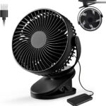Clip on Fan Rechargeable, 8-Inch Battery Operated Desk Fan, USB Fan,5 Speeds, Strong Airflow, Sturdy Clamp for Golf Cart Office Desk Outdoor Travel Camping Tent Gym Treadmill,Black