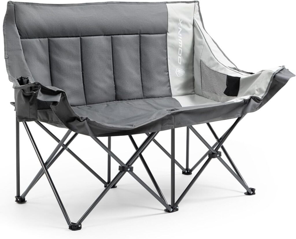 Dowinx Double Camping Chair, Oversized Folding Loveseat with Padded Seat, 660lbs Heavy Duty Portable Lawn Chair with Cup Holders, Glass Holders & Back Storage for Adults, Camping, Beach, Picnic – Gray