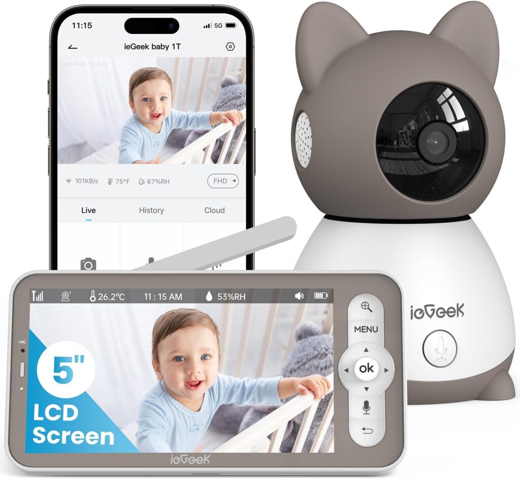 ieGeek Baby Monitor with 2K Camera and Audio – Video Monitor with 5″ Screen – Night Vision, Two-Way Talk, Cry & Motion Detection, Temper& Humidity Sensor, PTZ, Remote Control via Screen and Free APP