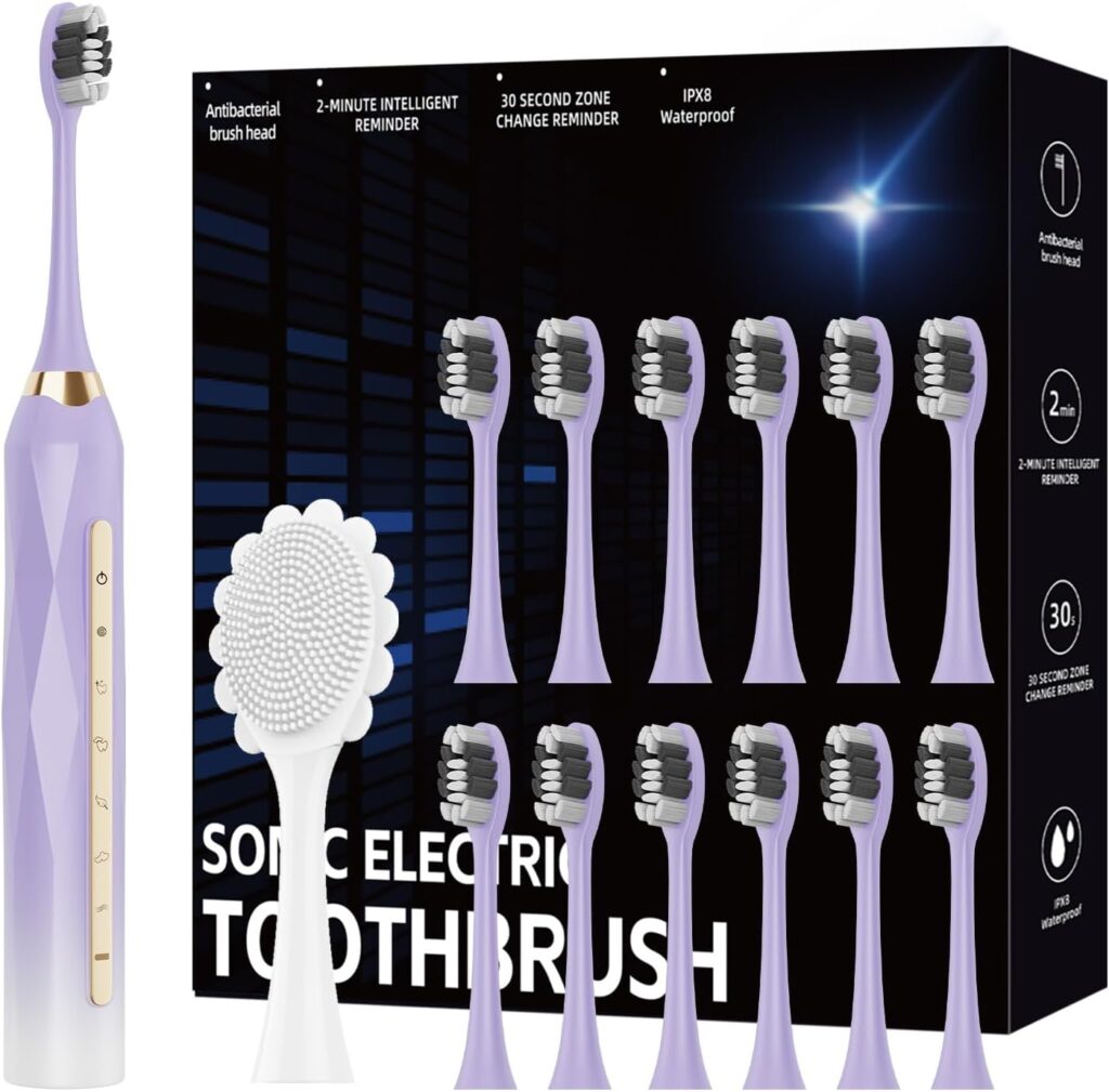 Adult Sonic Electric Toothbrush, USB Rechargeable Sonic Toothbrush, with 12 Brush Heads, 5 Modes, Equipped with Cleaning Brush, Brushing and Washing Two in one