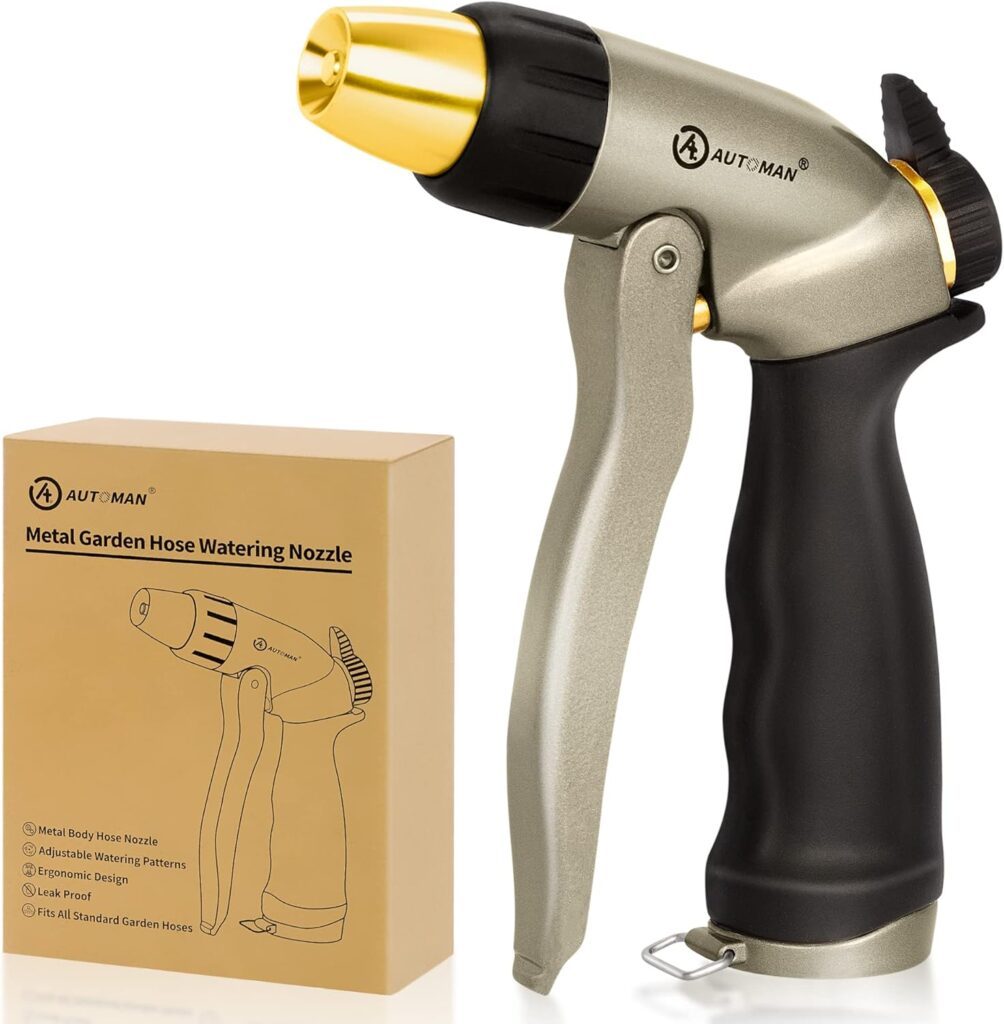 AUTOMAN Garden Hose Nozzle – 100% Metal High Pressure Spray Nozzle, Adjustable Spray Patterns, Labor-Saving, Heavy Duty for Garden Watering, Car Washing, Window Cleaning, Pets Showering