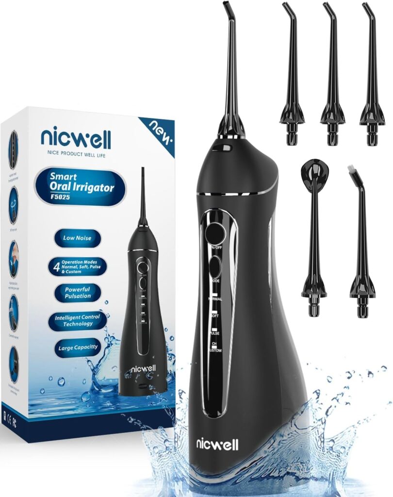 Nicwell Water Dental Flosser Teeth Pick – Cordless Portable 4 Modes Rechargeable Flossers Oral Irrigator IPX7 Waterproof Travel Gum Floss Cleaner Deep Cleaning Flossing Picks for Home Daily Shower