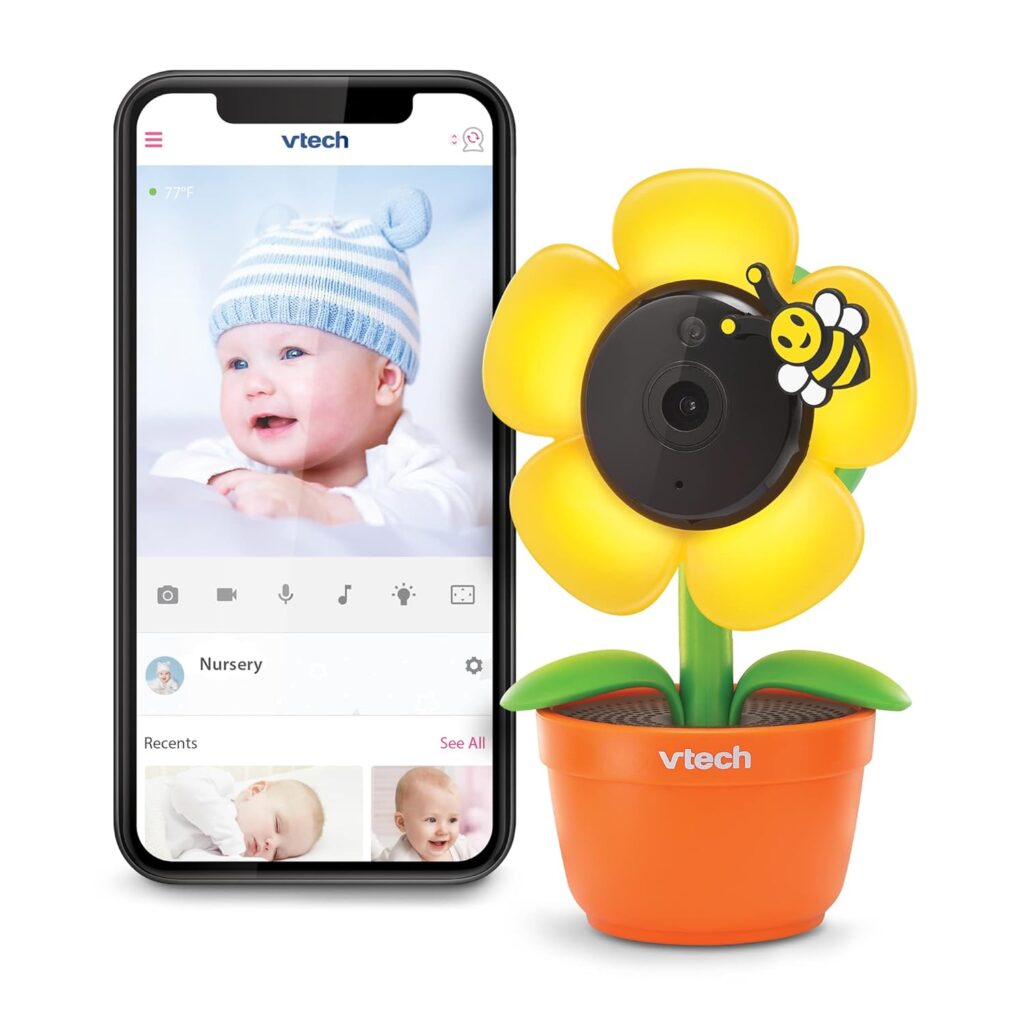 VTech RM9751 Yellow Daisy Smart Wi-Fi Baby Camera, iOS & Android Enabled, 1080p Full HD, Privacy Mode Cover, Night Light, Soothing Sounds & Lullabies, Two-way Intercom,Temperature Sensor, Night Vision