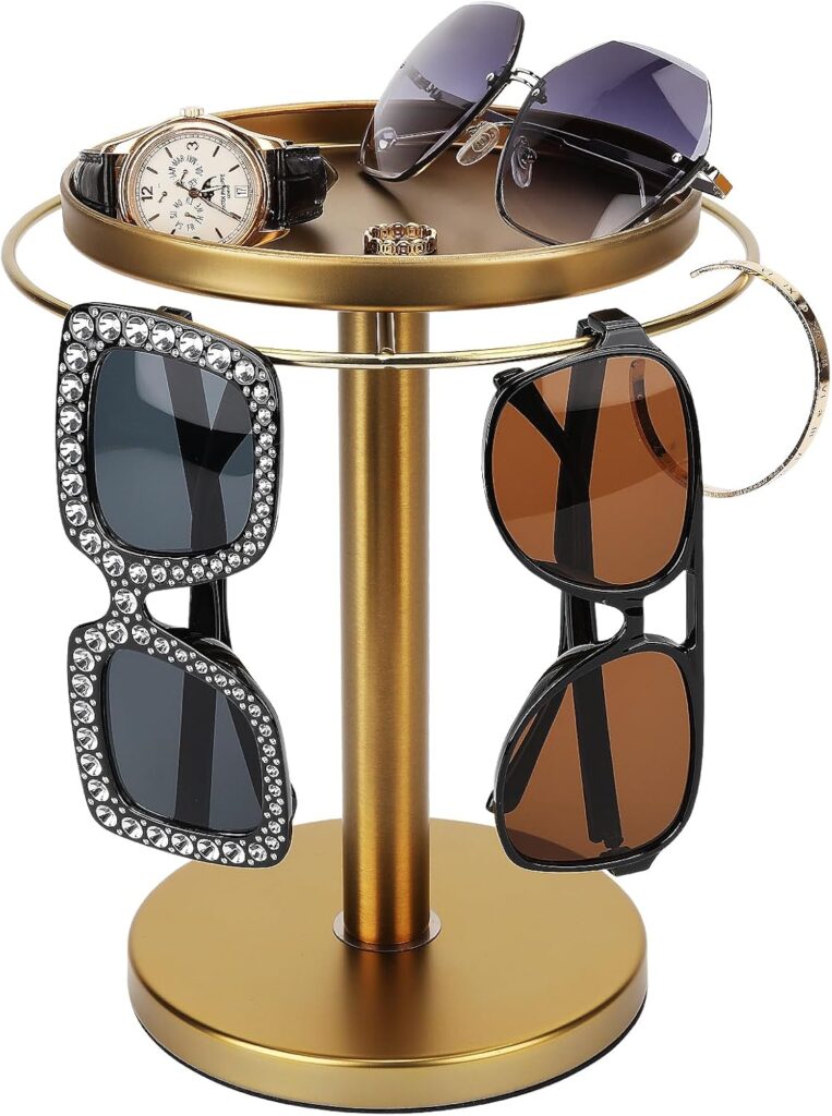 360° Rotating Sunglass Organizer Storage, Stainless Steel Glasses Holder Stand, Glasses Organizer with Tray for Desk, Dresser, Tabletop, Nightstand and Home Decor (Gold)