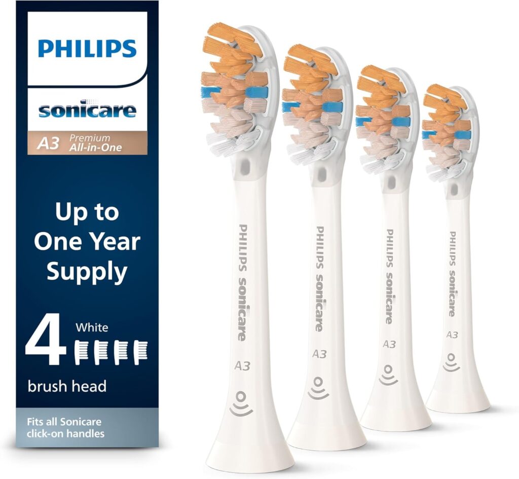 Philips Sonicare A3 All-in-One – Genuine Replacement Electric Toothbrush Heads, White, 4 Pack One Year Supply, HX9094/65