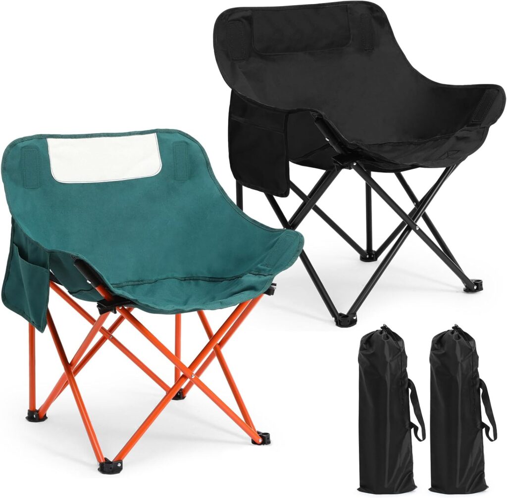 2 Pack Compact Camping Chairs Portable Folding for Outside with Carry Bag Lightweight Moon Chairs for Travel Picnic Hiking Beach Fishing, 600D Oxford, Supports 330lbs(Green, Black)