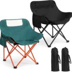 2 Pack Compact Camping Chairs Portable Folding for Outside with Carry Bag Lightweight Moon Chairs for Travel Picnic Hiking Beach Fishing, 600D Oxford, Supports 330lbs(Green, Black)