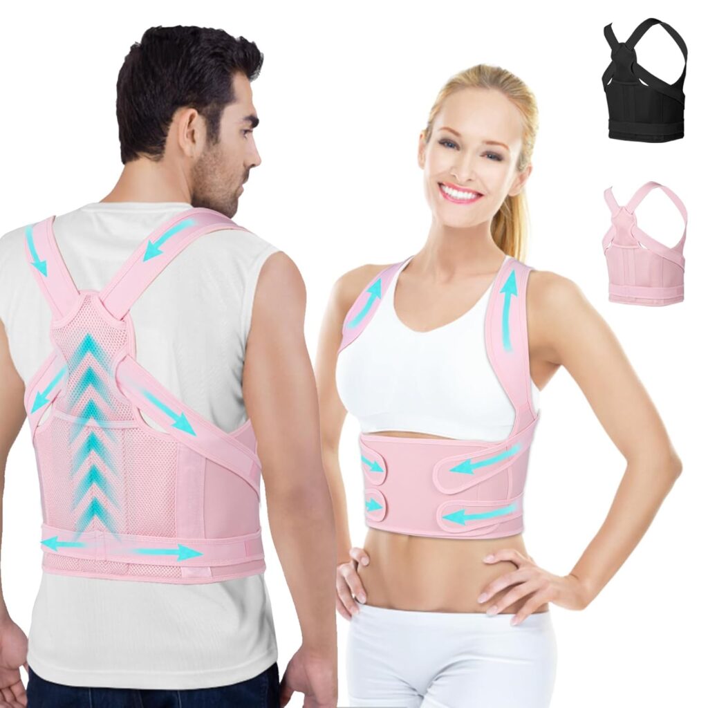 Posture Corrector for Women and Men,4 In 1 Adjustable Full Back Brace,Posture Braces Can Relieve Upper and Lower Back Pain, Shoulder Braces for Hunchback,Scoliosis, Lumbar Spine, Spine(Large Pink)