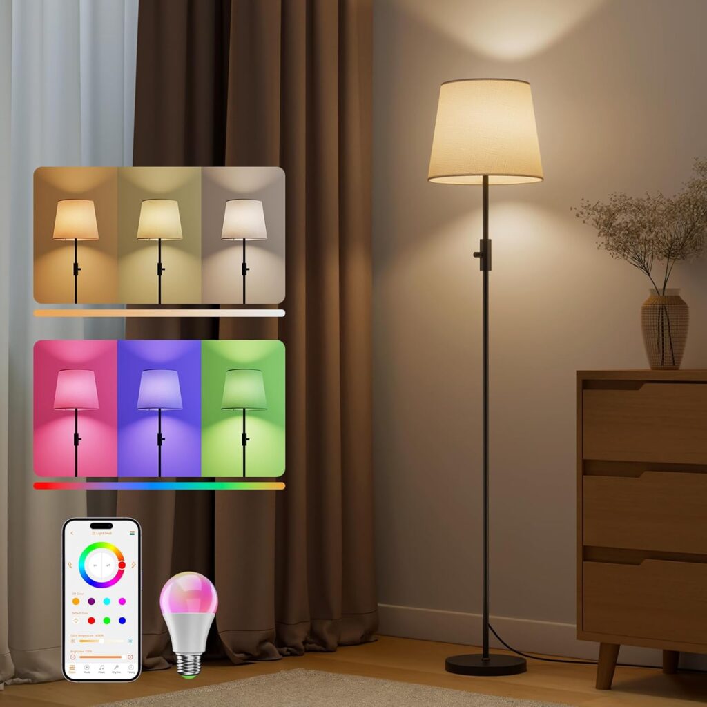 Smart Floor Lamp with RGBCW Color Change Bulb, Compatible with Alexa, Siri, Google Home Voice & App Control, Standing Lamp with Linen Shade, Tall Lamp for Living Room, Bedroom, Office,Black