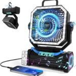 Camping Fan with Bluetooth Speaker Portable Fan,20000mAh Rechargeable Battery Powered Fans,Quiet 4-Speeds, 4-LED Light,360° Hanging Hook for Outdoor Picnic Tent Beach Travel Barbecue, Black