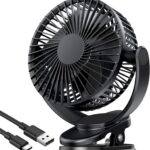 ATEngeus Rechargeable Clip-on USB Desk Fan, 3 Speeds, 5000mAh Battery, 720Rotation, Sturdy Clamp for Home, Camping, Treadmill and Car