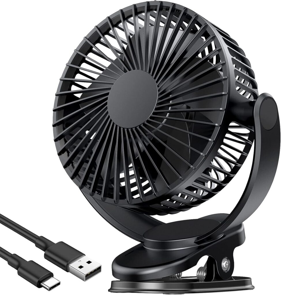 ATEngeus Rechargeable Clip-on USB Desk Fan, 3 Speeds, 5000mAh Battery, 720Rotation, Sturdy Clamp for Home, Camping, Treadmill and Car