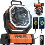 Camping Fan – 20000mAh Battery Powered Fan Rechargeable with LED Lantern – Portable Outdoor Tent Fans with Hanging Hook 4 Speeds Wind Remote Control