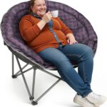 Oversized XXL Folding Round Camping Chairs,Comfy Padded Moon Camp Chairs,Heavy Duty Supports 440 Lbs Outdoor Lawn Chairs for Adults,Perfect for Indoor,Family Hiking,Picnics and Garden,Purple Plaid