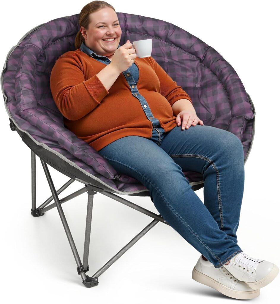 Oversized XXL Folding Round Camping Chairs,Comfy Padded Moon Camp Chairs,Heavy Duty Supports 440 Lbs Outdoor Lawn Chairs for Adults,Perfect for Indoor,Family Hiking,Picnics and Garden,Purple Plaid