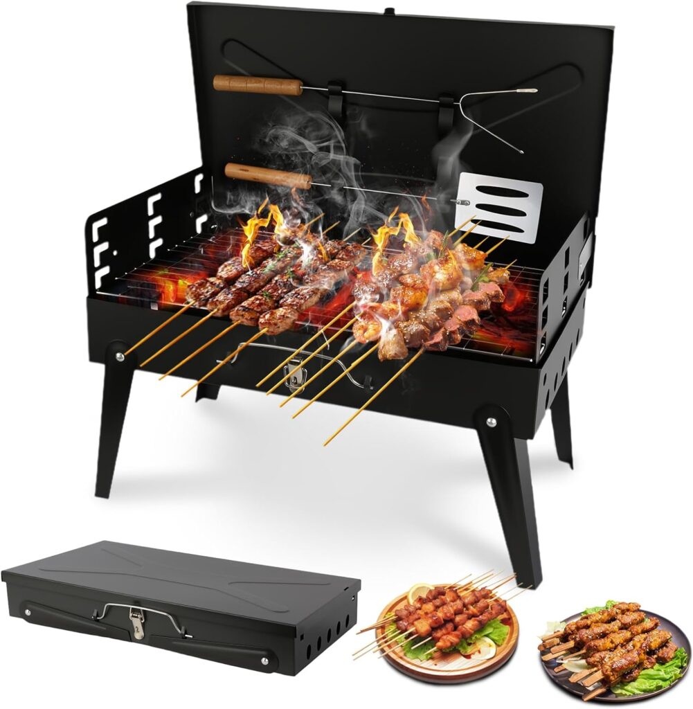Portable Charcoal Grill Foldable BBQ Grill Kit – Compact Camping Grill for Outdoor BBQ, Cooking, Picnics, Beach, Backyard – Barbecue Accessories with Grill Tools