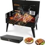 Portable Charcoal Grill Foldable BBQ Grill Kit – Compact Camping Grill for Outdoor BBQ, Cooking, Picnics, Beach, Backyard – Barbecue Accessories with Grill Tools