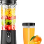 Portable Blender for Smoothies and Shakes, 2 Portable Blender Cups, 17 &10 oz Cordless Personal Small Blender with Straw Brush&Lid, USB-C Rechargeable, Quiet Mini Travel Blender, Black