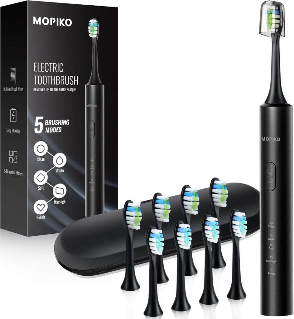 Sonic Electric Toothbrush for Adults – 5 Modes Power Sonic Rechargeable Black Electric Toothbrush with 8 Brush Heads