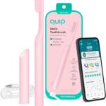 Quip Rechargeable Smart Sonic Toothbrush for Adults – Timed Electric Toothbrush with Bluetooth & Rewards App – Replaceable Brush Head, Soft Bristles, Metal Handle – Travel Toothbrush – All-Pink