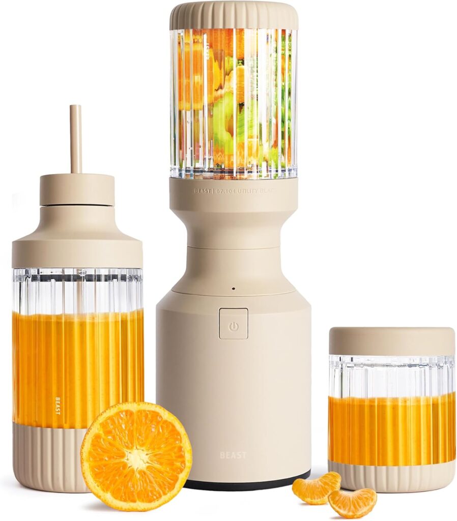 The Beast Mini Blender Plus | Mini Countertop Kitchen Blender | Blend Smoothies and Shakes, Dressings, Sauces, Dips | Extra Vessels, Straw Cap and Straws Included | 600W (Sand)