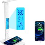 Desk Lamp with Wireless Charger，USB Charging Port, Dimmable Office Desk Light with Clock, Alarm, Date, Temperature, Foldable Lamp for Table Bedroom Bedside Office (White, Standard Size-13.3 inch)