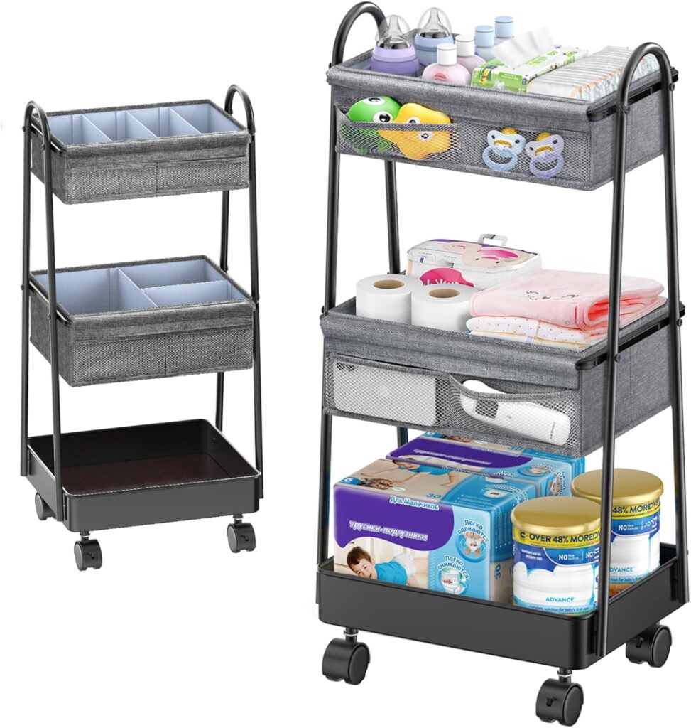 3 Tier Rolling Cart – Baby Diaper Caddy Organizer, 3 Tier Utility Cart Newborn Baby Nursery Essentials, Large Capacity, Easy to Assemble, Storage for Bedroom, Changing Table & Crib