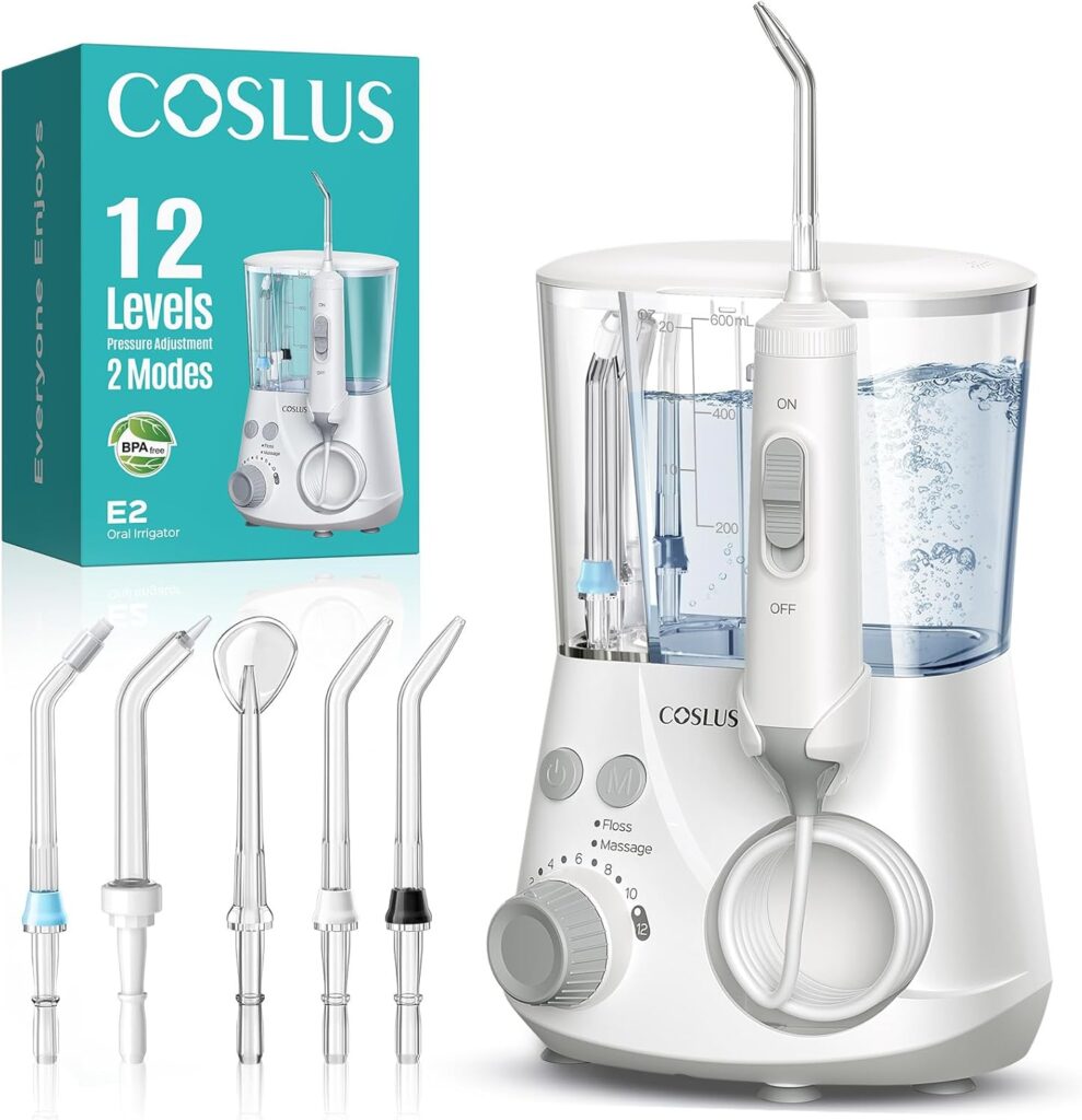 COSLUS Advanced Water Flosser for Teeth: 2 Modes & 12 Pressure Settings Electric Dental Pick for Orthodontic, Braces, Sensitive Gums – Home Use, ​​5 Jet Tips for Multiple Users, Family, White, E2