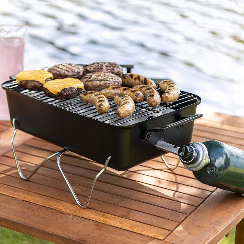 Omaha Go Anywhere Portable Gas Grill – Mini BBQ Propane Grill for Camping, RV, Tailgate – Cooks 8 hamburgers at once – Long Life Steel – Foldable Legs