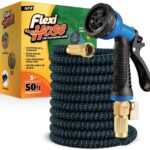 Flexi Hose with 8 Function Nozzle, 50FT – Lightweight Expandable Garden Hose, No-Kink Flexibility, 3/4 Inch Solid Brass Fittings and Double Latex Core
