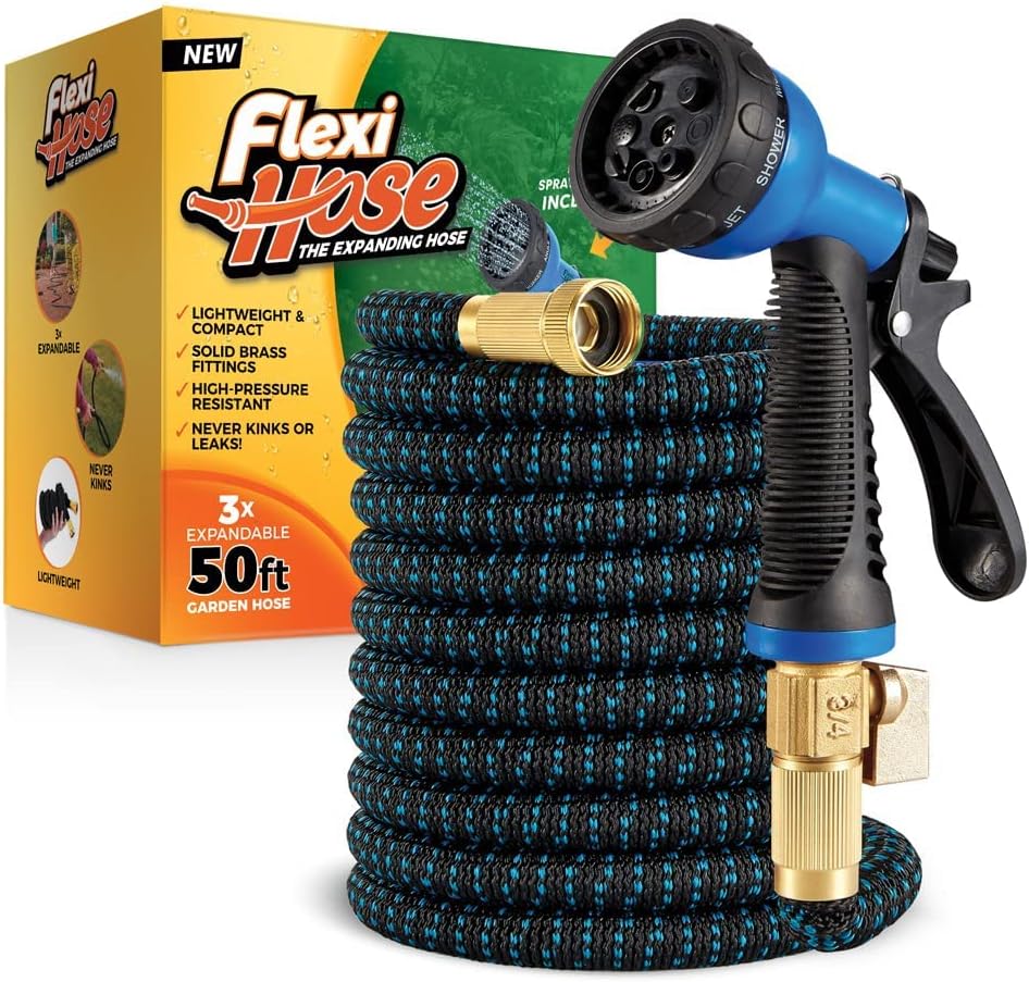 Flexi Hose with 8 Function Nozzle, 50FT – Lightweight Expandable Garden Hose, No-Kink Flexibility, 3/4 Inch Solid Brass Fittings and Double Latex Core