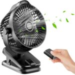 Small Clip on Fan with Remote Control | 8000mAh Battery | 5 Speeds | 5″ Portable Rechargeable Mini Desk/Table Fan for Baby Stroller, Outdoor Camping, Tent, Desktop, Bedroom, Living Room, Office, Dorm