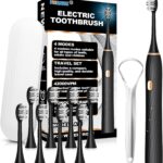 FXQQZZ Electric Toothbrush for Adults and Kids, with Tongue Scraper and Travel Case, 8 Brush Head, Smart Timer & 4 Modes Rechargeable Toothbrush, 42000 VPM Deep Clean, One Charge Last 90 Days – Black