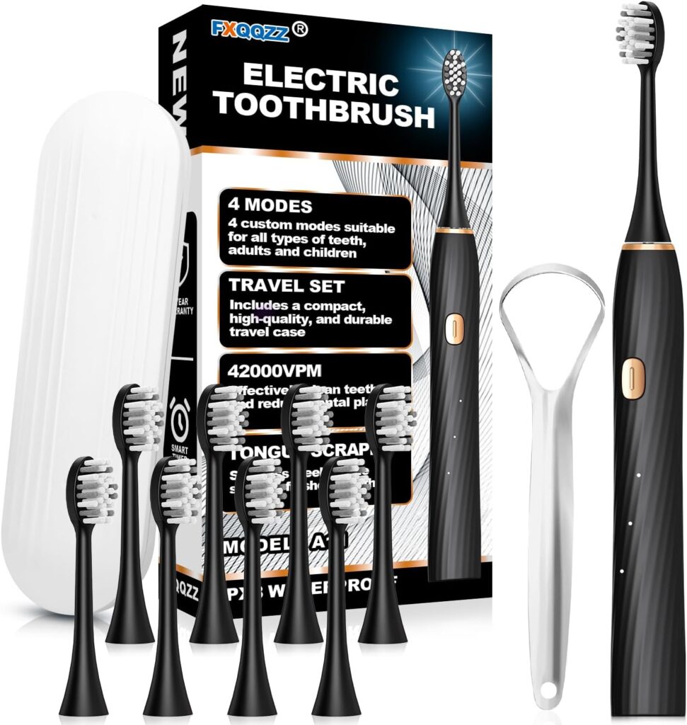 FXQQZZ Electric Toothbrush for Adults and Kids, with Tongue Scraper and Travel Case, 8 Brush Head, Smart Timer & 4 Modes Rechargeable Toothbrush, 42000 VPM Deep Clean, One Charge Last 90 Days – Black