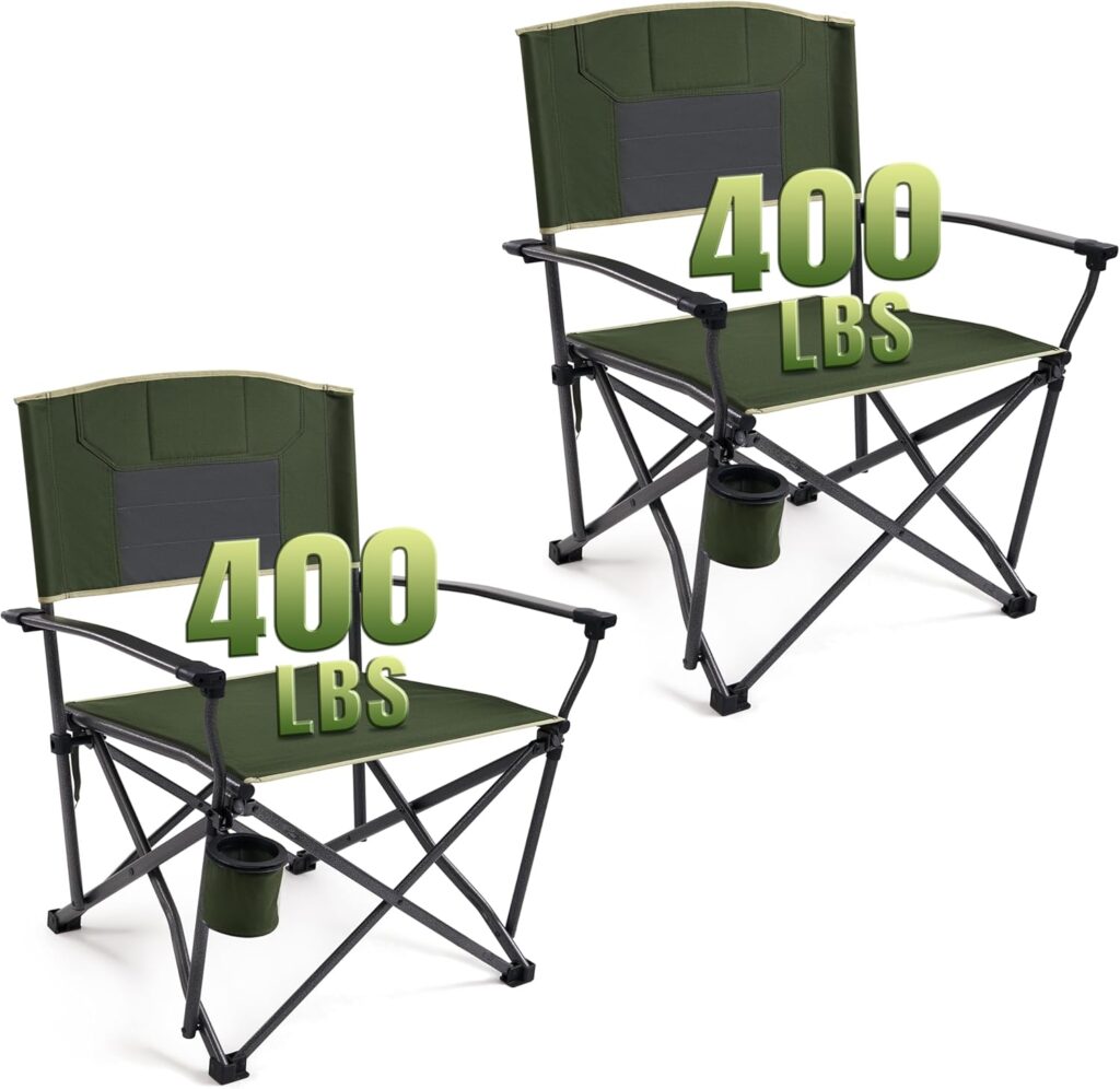 Folding Camping Chairs for Adults Heavy Duty Plus Size Camping Chairs 400 lb Steel Frame Metal Arm Lawn Chairs with Swivel Cup Holder, Extra Large Camp Chair for Outdoor Sports, Green (2 Pack)