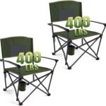Folding Camping Chairs for Adults Heavy Duty Plus Size Camping Chairs 400 lb Steel Frame Metal Arm Lawn Chairs with Swivel Cup Holder, Extra Large Camp Chair for Outdoor Sports, Green (2 Pack)
