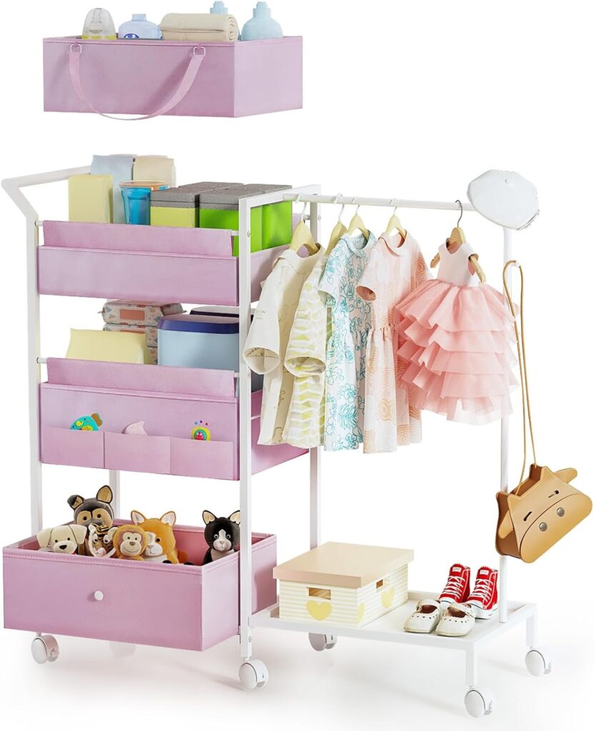 Baby Diaper Caddy Organizer – 3 Tier Rolling Cart with Kids Clothing Rack, Mobile Utility Cart with Dividers and Drawers, Large Capacity Storage Cart for Crib Nursery, Bedroom, Changing Table (Pink)
