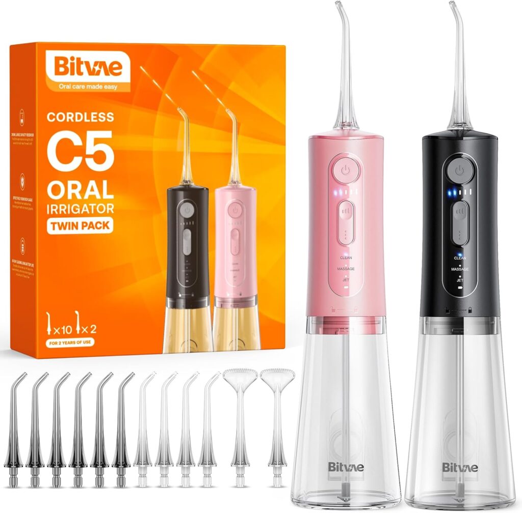Water Dental Flosser Teeth Pick: Bitvae 2 Pack Portable Cordless Oral Irrigator, 3 Modes 5 Intensities, Rechargeable Water Dental Picks for Cleaning with 12 Tips, Travel Irrigation Cleaner for Teeth