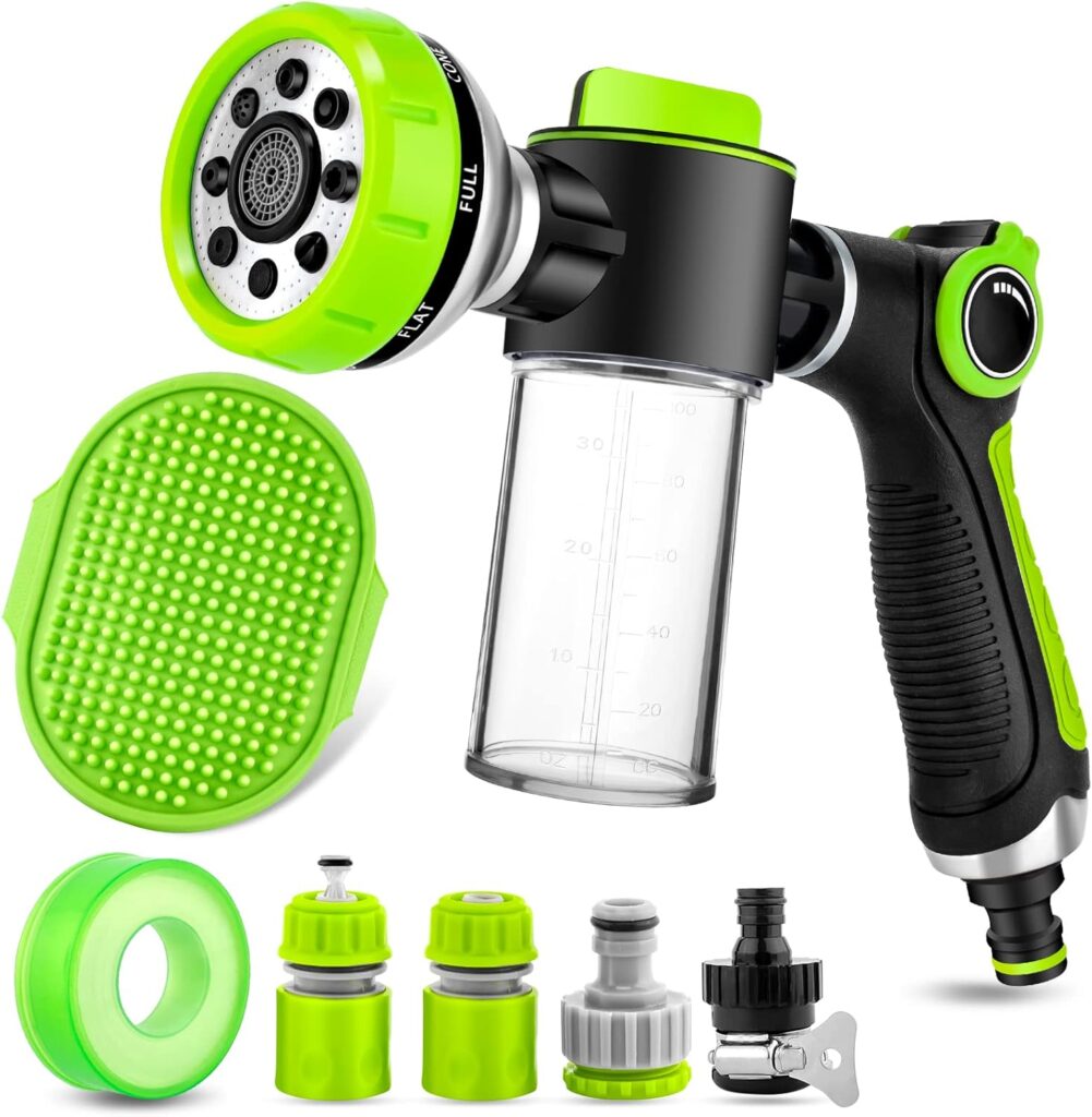 Dog Washing Hose Attachment, 8-in-1 Sprayer Mode Garden Hose Nozzle with Pet Bathing Brush and 100cc Soap Dispenser Bottle, Adopted in Watering Flowers, Car Wash, Dog and Horse Showering (Green)