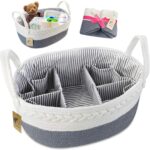 Baby Diaper Caddy Organizer – Extra Large Nappy Caddy Rope Nursery Storage Bin – Baby Basket with 8 Pockets, 5 Compartments and 2 Removable Dividers