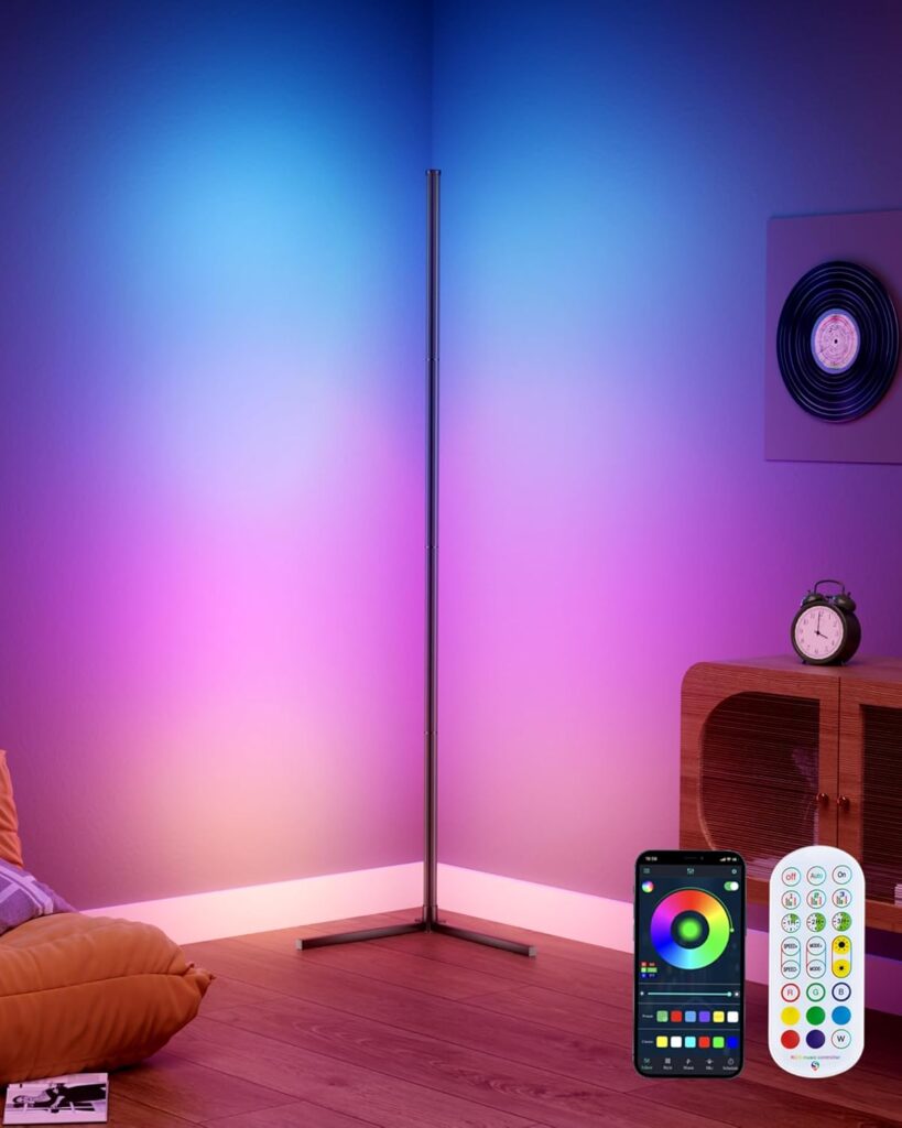 LED Corner Lamp, 65″ RGB Corner Floor Lamp with 16 Million DIY Colors, 216 Dynamic Light Effects and Music Sync – App and Remote Control LED Lamp for Bedroom, Living Room, Gaming Room