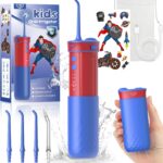JTF Kids Water Dental Flosser: Rechargeable Portable Oral Irrigator with 4 Flossing Modes 230ml Tank 4 Tips Travel Bag Waterproof Stickers, Cordless Electric Flossers for Teeth Gum Braces Care, Age 6+
