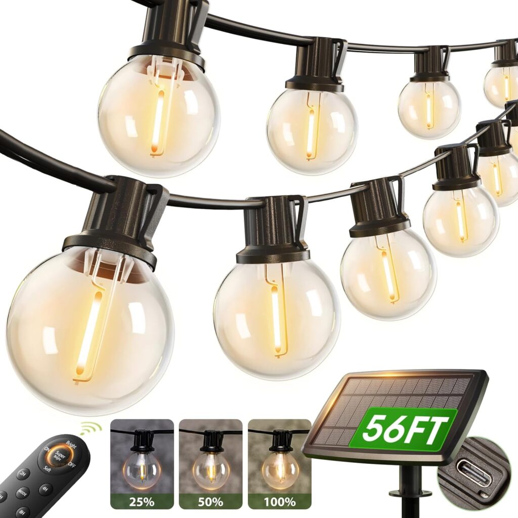 addlon 56FT(50+6) Solar String Lights Outdoor with Remote, 27 Shatterproof G40 Bulbs, Solar Powered & USB Charging Patio Lights, Dimmable Waterproof Solar String Lights for Outside, Camping, Backyard